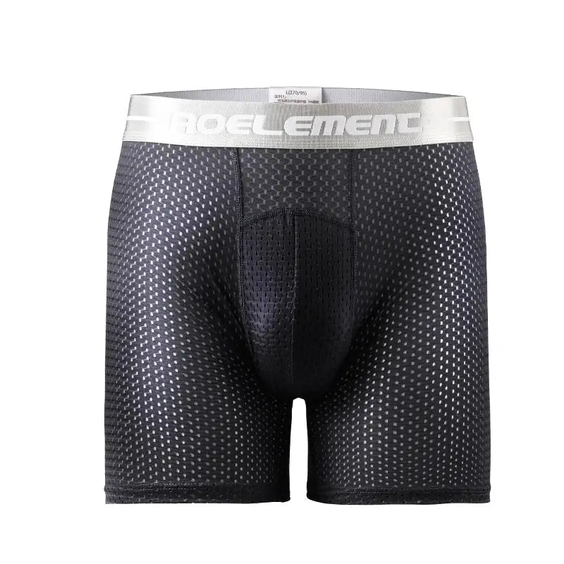 Men's boxer briefs in dark gray ice-silk mesh with a white branded waistband