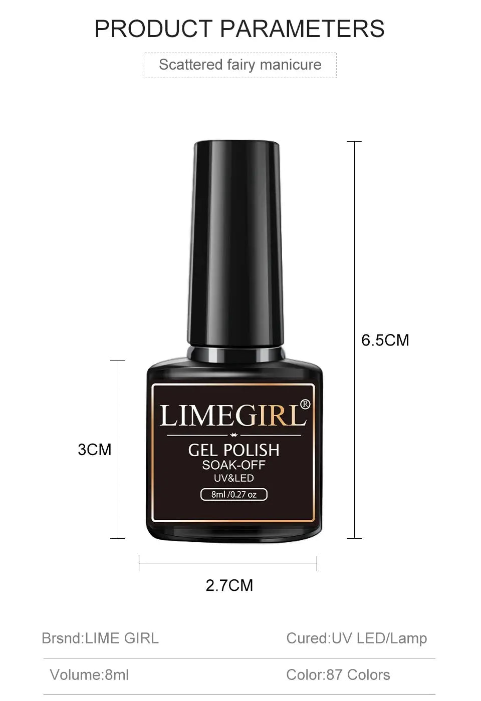 LIMEGIRL gel nail polish bottle with black cap, 8ml, UV/LED soak-off.