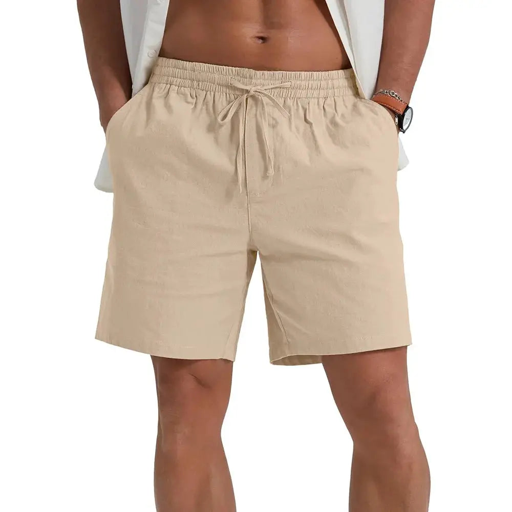 Men's beige lightweight cotton-linen shorts from Simples Market with drawstring waist, casual wear.