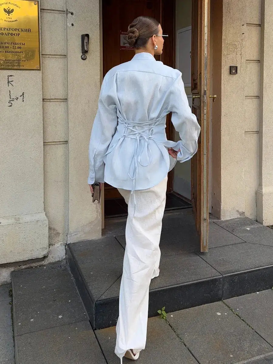 Wolfeel 100% cotton belted shirt cardigan in light blue with back lace-up waist tie.