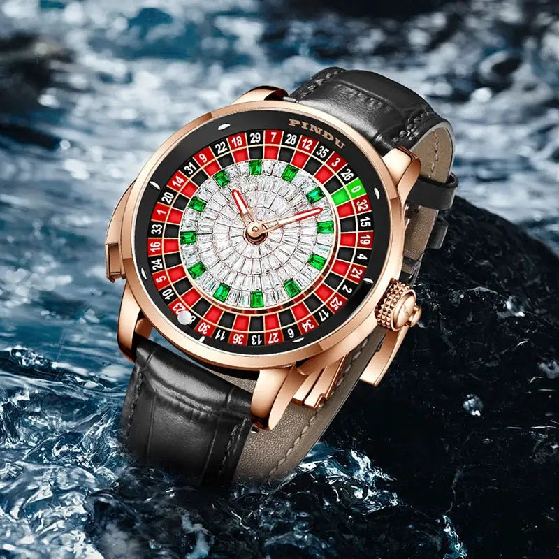 Mechanical wristwatch by PINDU with rose-gold case, black leather strap, roulette-style dial and sapphire glass
