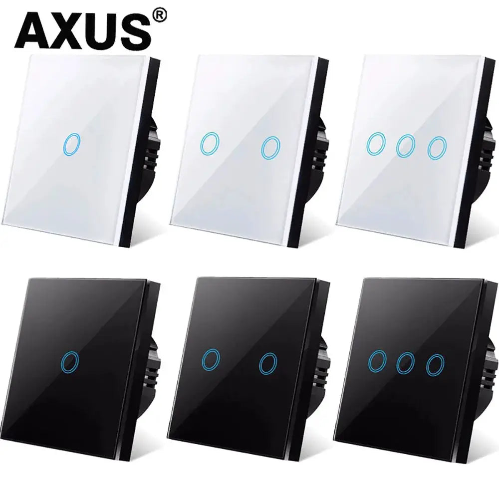 AXUS touch switch panels with tempered crystal glass and blue backlit LEDs, 1/2/3-gang, six-pack by Simples Market
