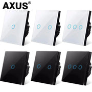 AXUS touch switch panels with tempered crystal glass and blue backlit LEDs, 1/2/3-gang, six-pack by Simples Market