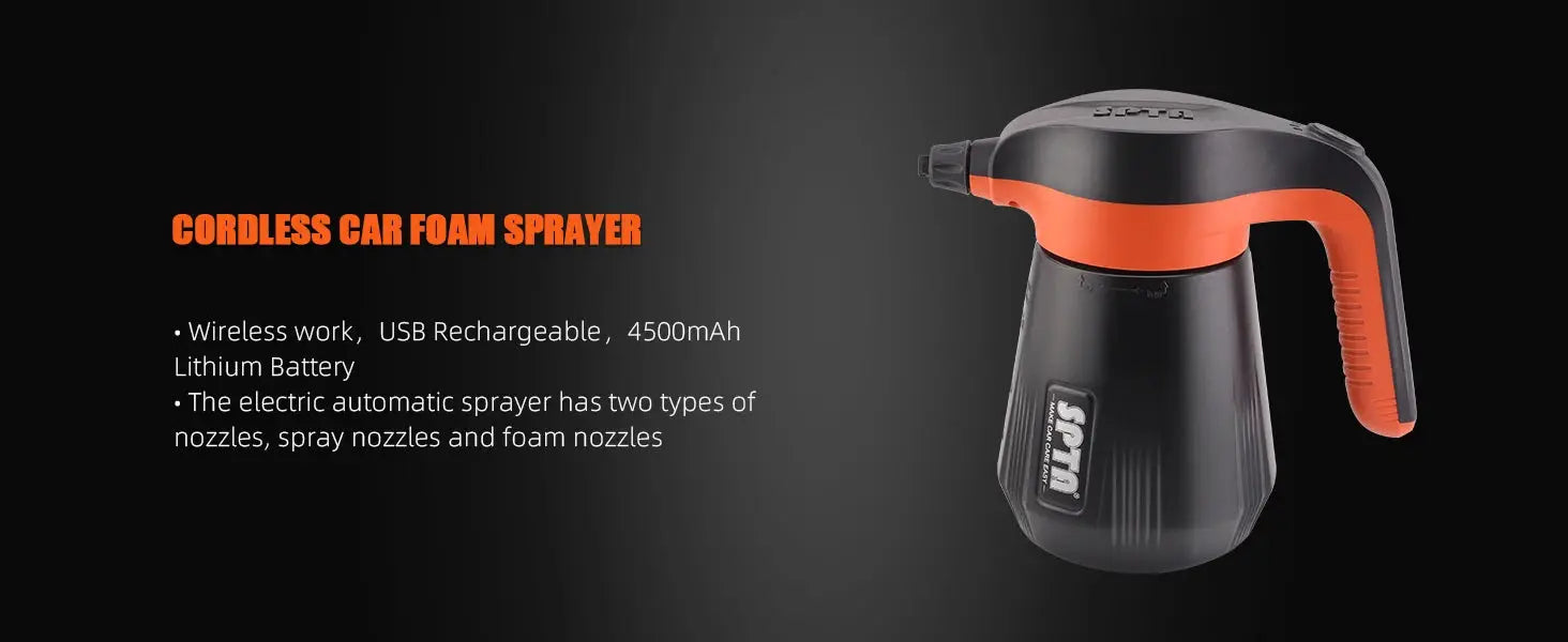 SPTA cordless car foam sprayer by Simples Market, black with orange handle, 2.25L capacity