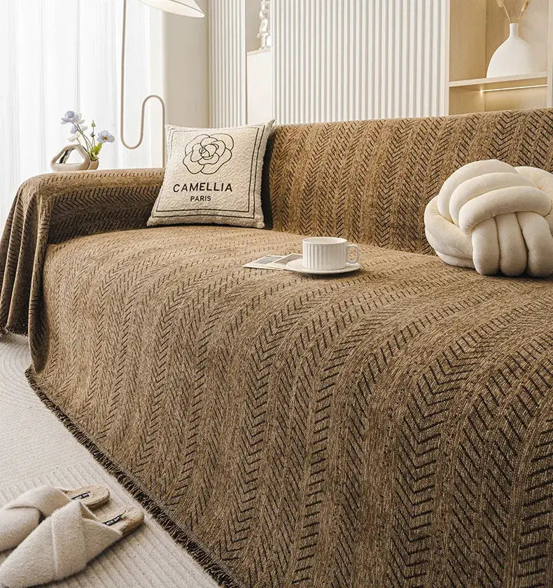Simples Market fishbone-pattern 3-seater sofa cover in brown, full set, anti-cat-scratching, non-slip, stain-resistant