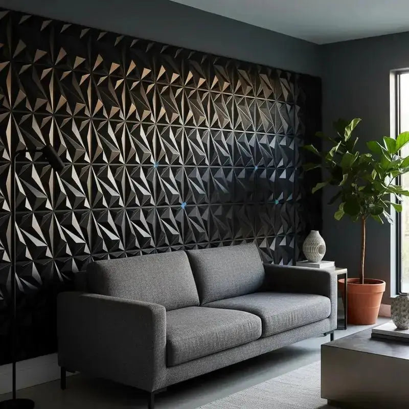 10pcs 30x30cm black 3D wall panels with geometric texture on living room wall