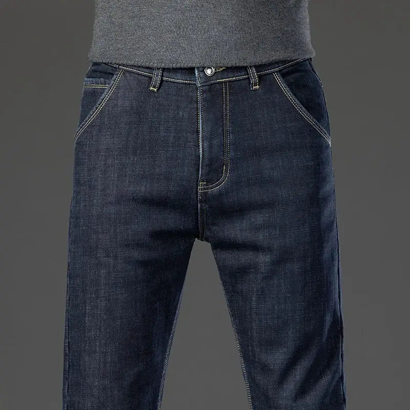 Winter warm fleece jeans for men, dark blue denim, straight-leg with thermal lining