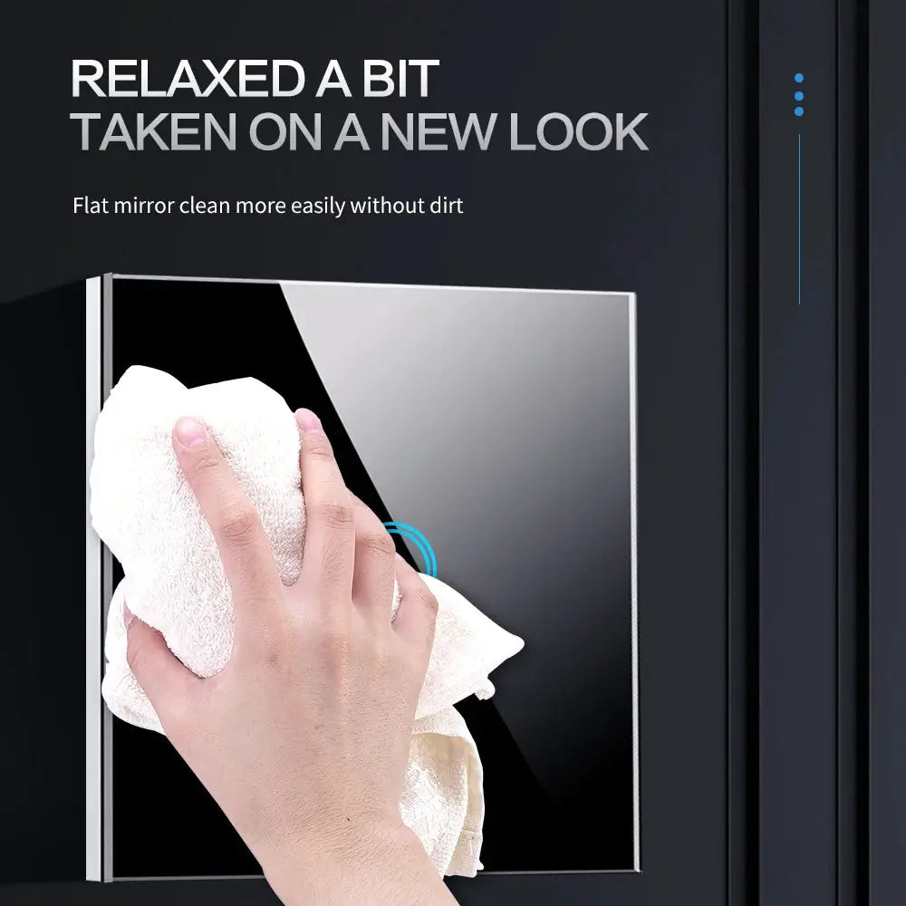 AXUS EU touch switch panel on wall with tempered crystal glass backlight; hand wiping with cloth.