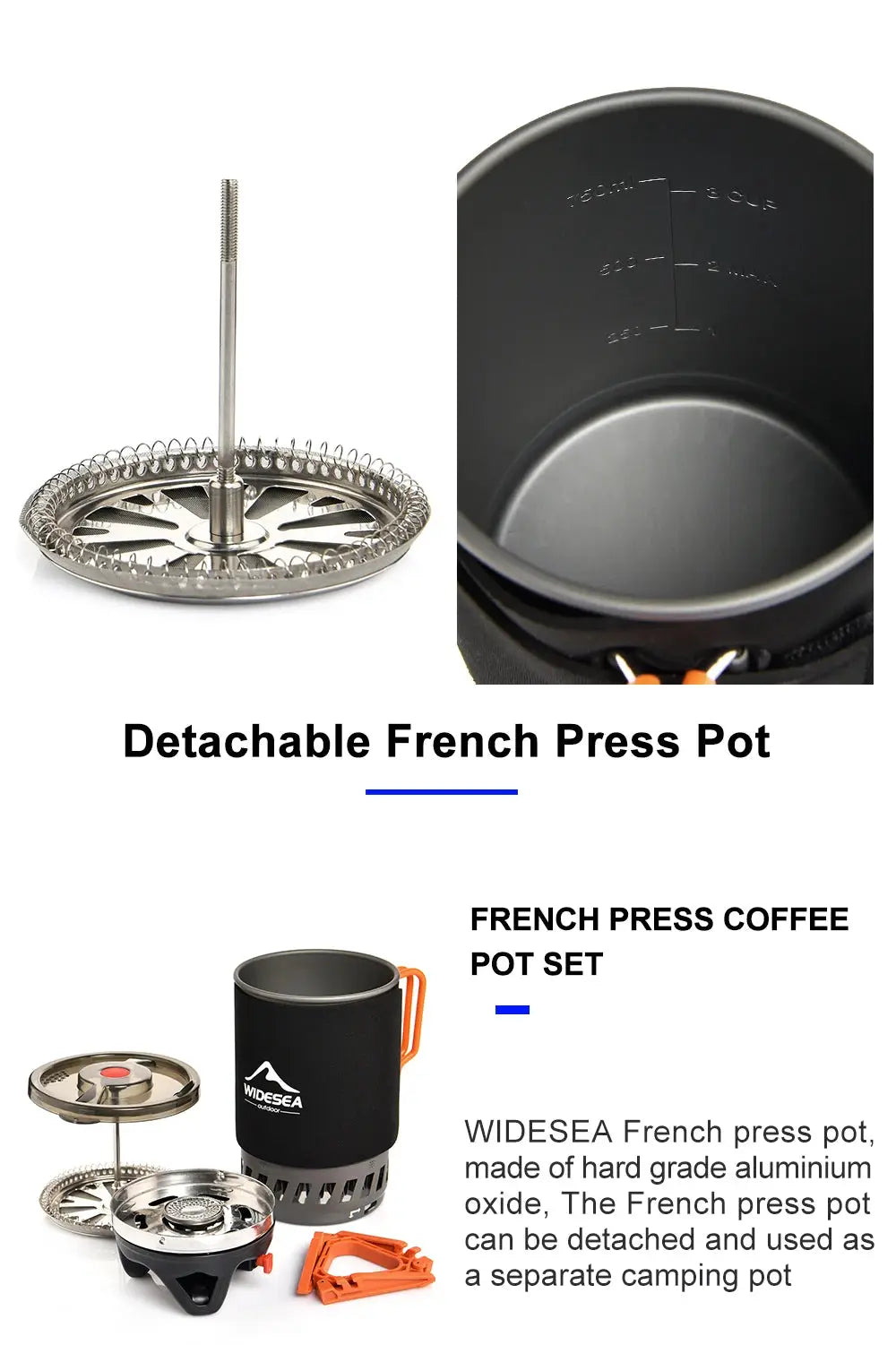 Widesea portable stainless steel French press coffee pot set for outdoor use, detachable 0.9L capacity