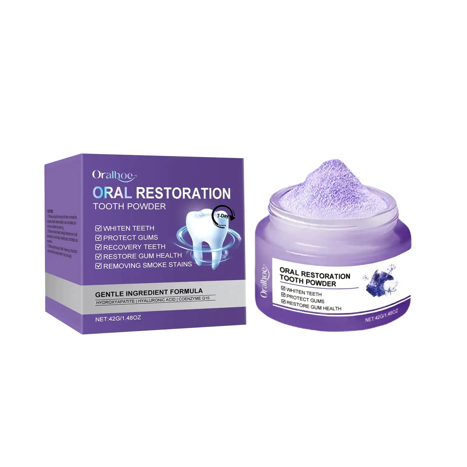 Oral restoration tooth powder by Simples Market in purple box and jar