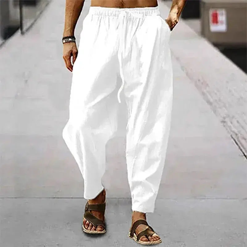 New Men's Cotton Linen Pants Summer and Autumn High Waist Wide Leg Trousers Breathable Casual Loose Fit