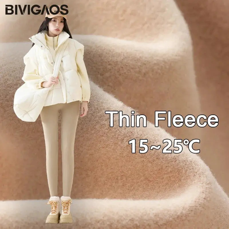 BIVIGAOS beige high-waist fleece sharkskin leggings for women, seamless slim fit, warm velvet thickened
