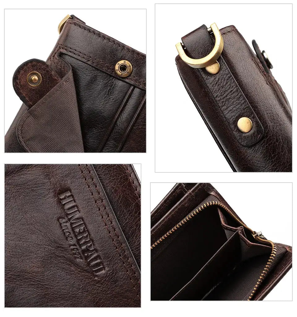 Real leather men's RFID-blocking bifold wallet by Simples Market with zip coin pocket and anti-theft chain
