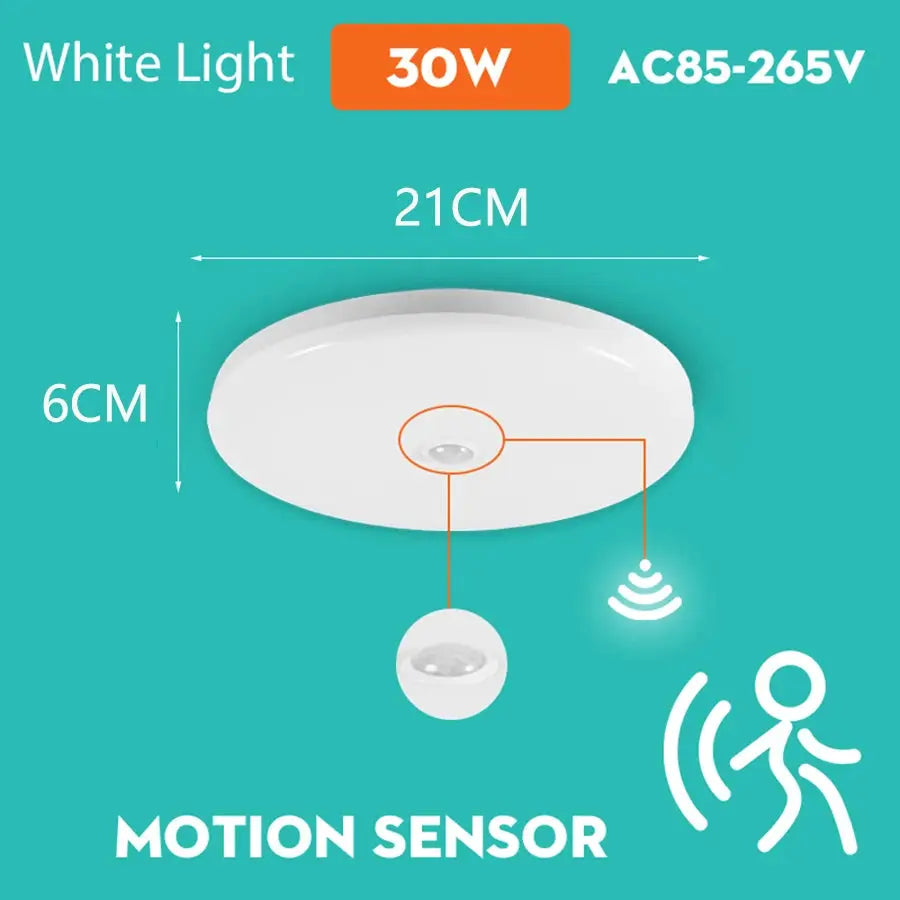 Motion sensor ceiling lamp, white LED fixture, 21 cm diameter, 6 cm height, 30W LED for corridors and stairways