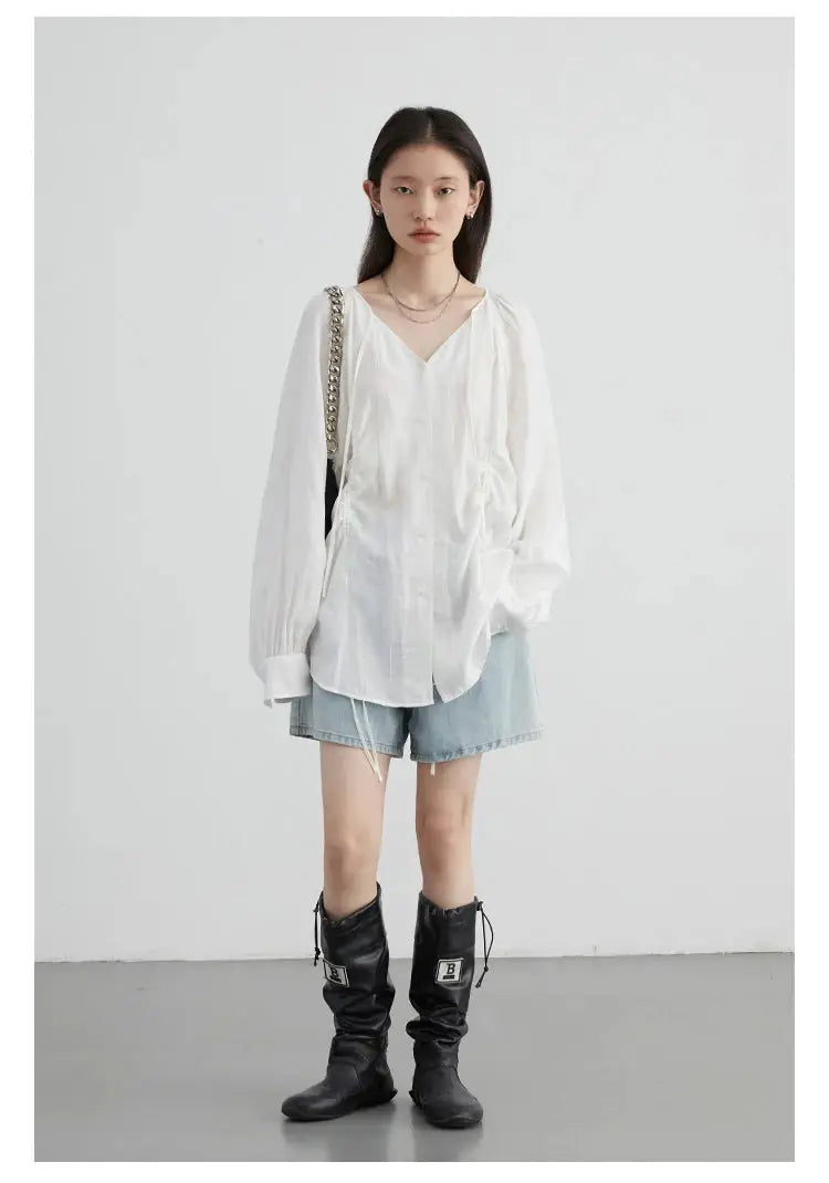 CHIC VEN women's loose white V-neck blouse with long puff sleeves