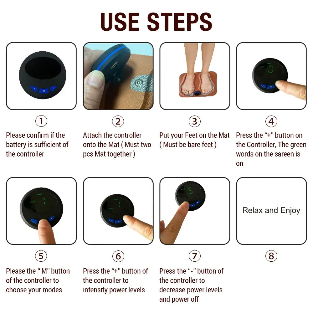3D Smart Foot Massage Pad foot massager with black circular controller and blue buttons, eight-step usage guide.