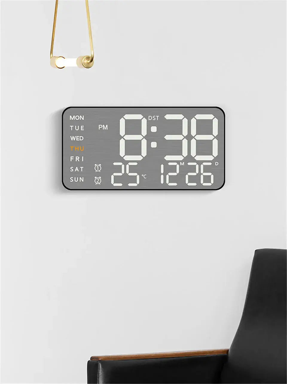 Mirror-brushed finish digital wall clock with large numerals, calendar and temperature display, silent operation