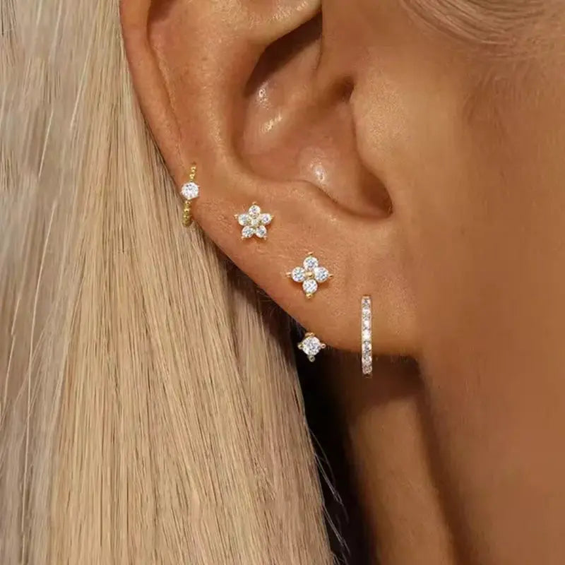 4pc zircon earring set for women by Simples Market; flower studs and crystal hoop huggies