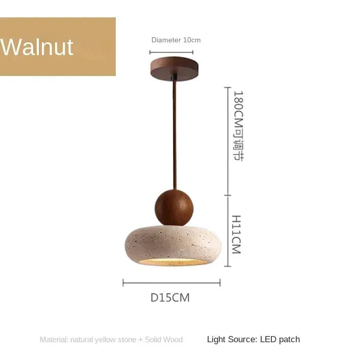 Pendant light with natural yellow agate stone shade and walnut wood accents by Simples Market
