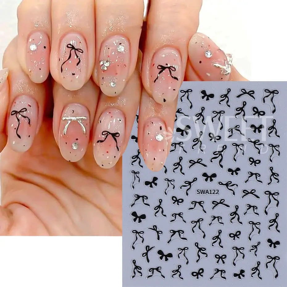 Bowknot nail stickers by Simples Market; 4/8pcs self-adhesive lace bow decals for pink nude nails, DIY manicure