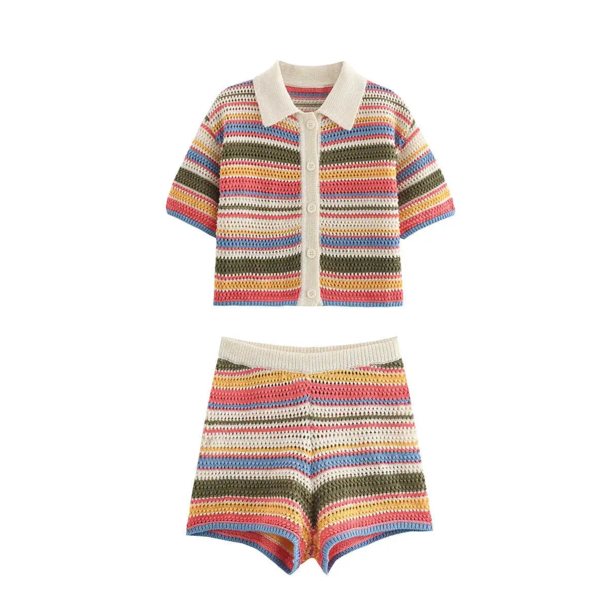 Women Patchwork Striped Crochet Knit Set Polo Collar Shorts Y2K Style
