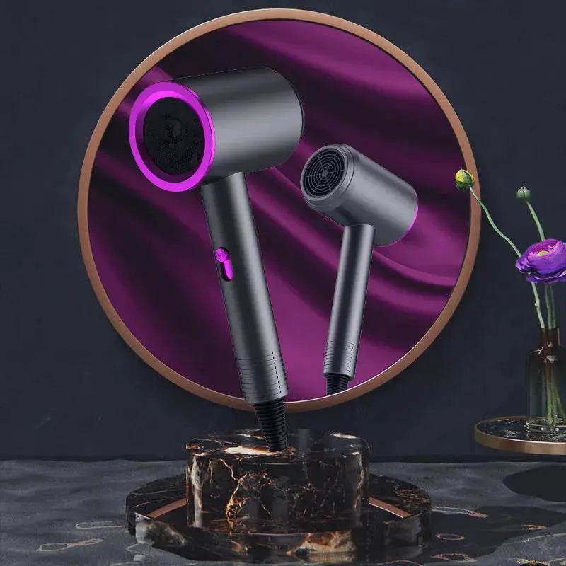 Simples Market high-speed professional hair dryer set, black with purple ring, negative-ion, ultra silent, 2 pcs