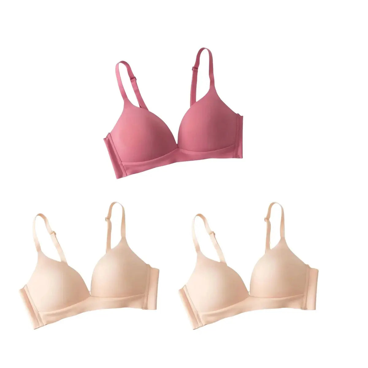 Simples Market 3-pack seamless push-up bras, non-wire glossy deep-V cups, pink and nude