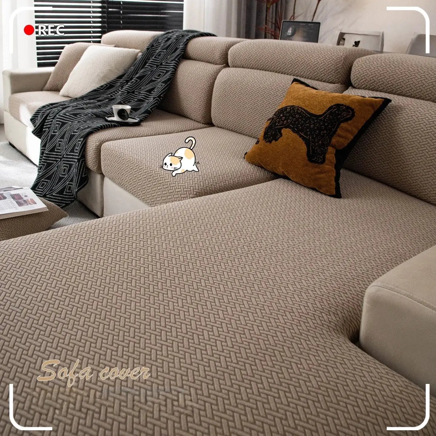 Stretchy polar fleece sofa cover for 1–4 seat sofas, beige with a subtle geometric pattern