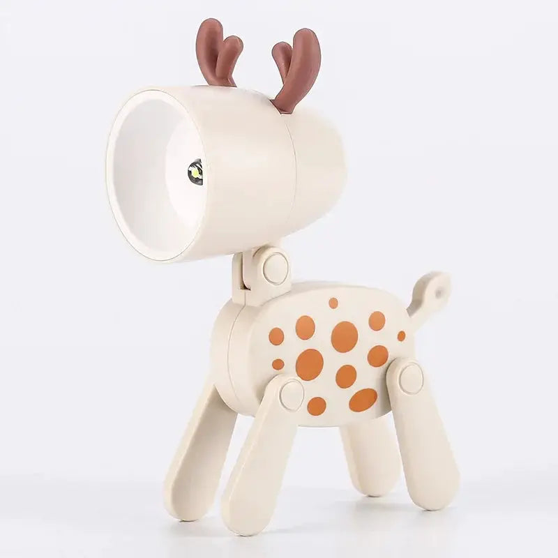 Simples Market LED mini night light deer lamp, cream with orange spots, brown antlers, foldable legs.