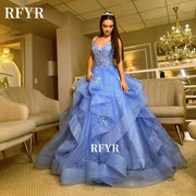 Elegant A Line Lace Evening Dress Prom Style Multilayer Gown Applique