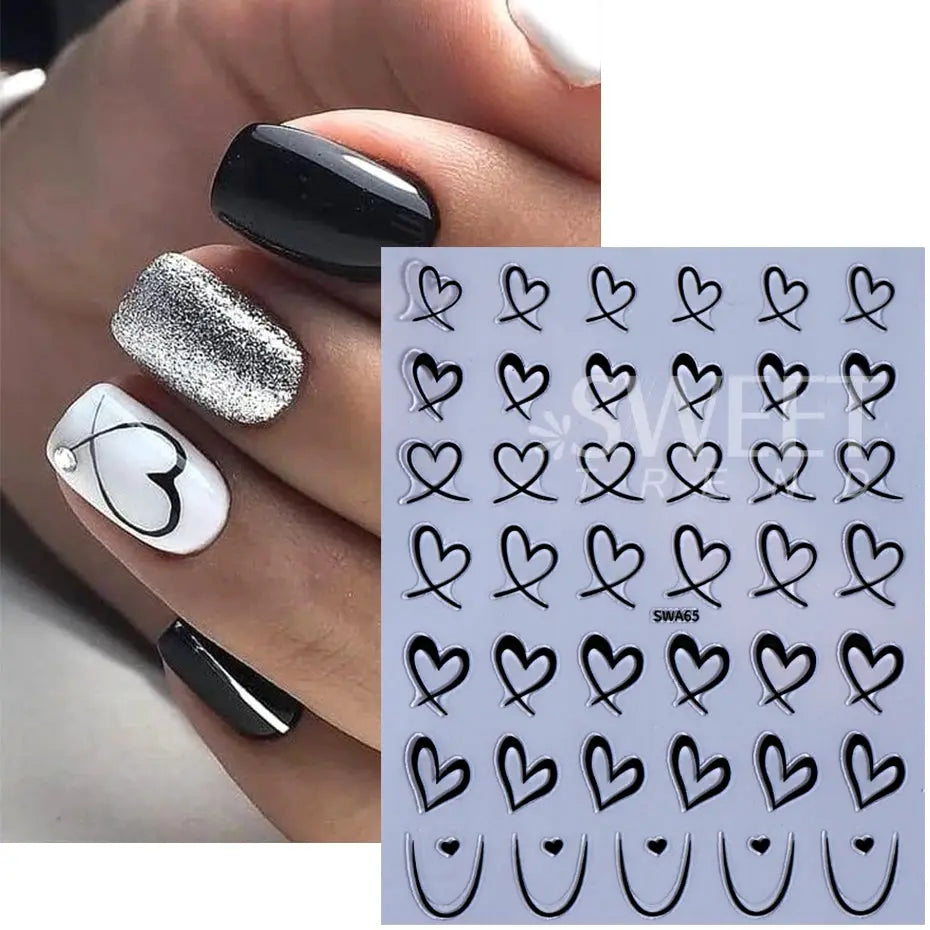 Nail art stickers 3pc set with black heart outline decals for Valentine's Day, Simples Market