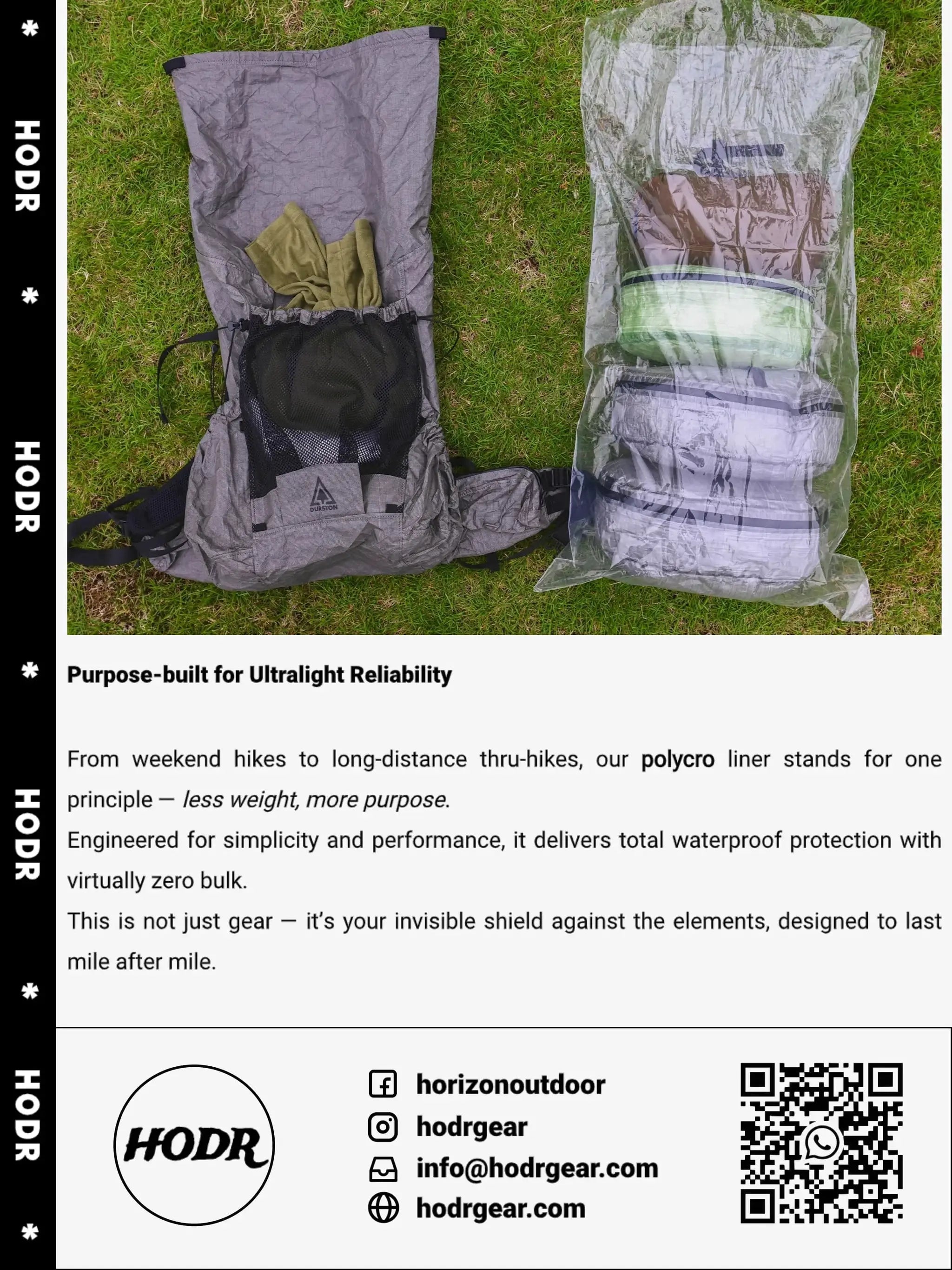 Gray backpack liner bag and transparent dry bag; ultralight polycro waterproof storage for hiking, two-piece set