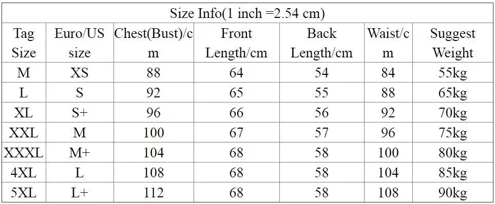 Simples Market 7XL dress vest size chart with chest, front/back length, waist and suggested weight from M to 5XL.