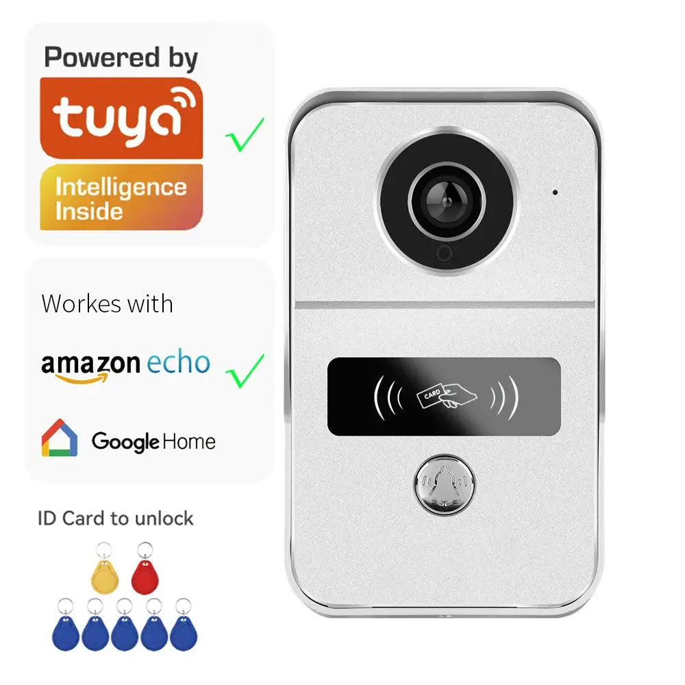 Tuya Smart 1080P Doorbell Camera, silver finish; WiFi IR HD video; ID card unlock; works with Amazon Echo & Google Home.