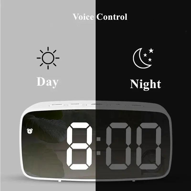 Acrylic mirror digital alarm clock with LED display, day/night mode and voice control