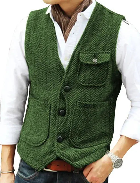 Men's green herringbone wool tweed vest by Simples Market with V-neck, 3-button front, and pockets.