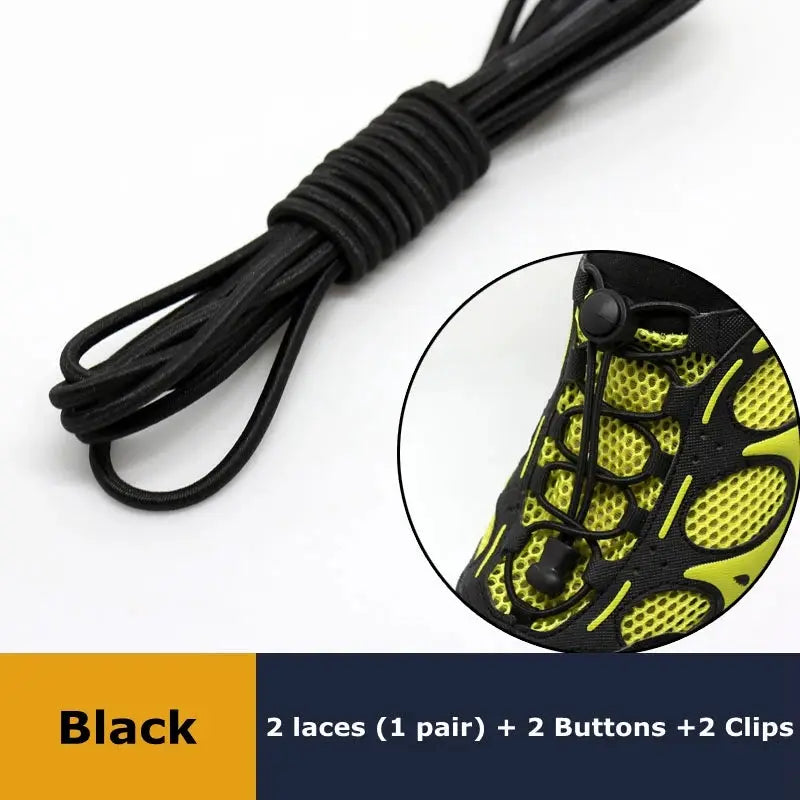 Black elastic no-tie sneaker shoelaces; 2 laces (1 pair) + 2 buttons + 2 clips