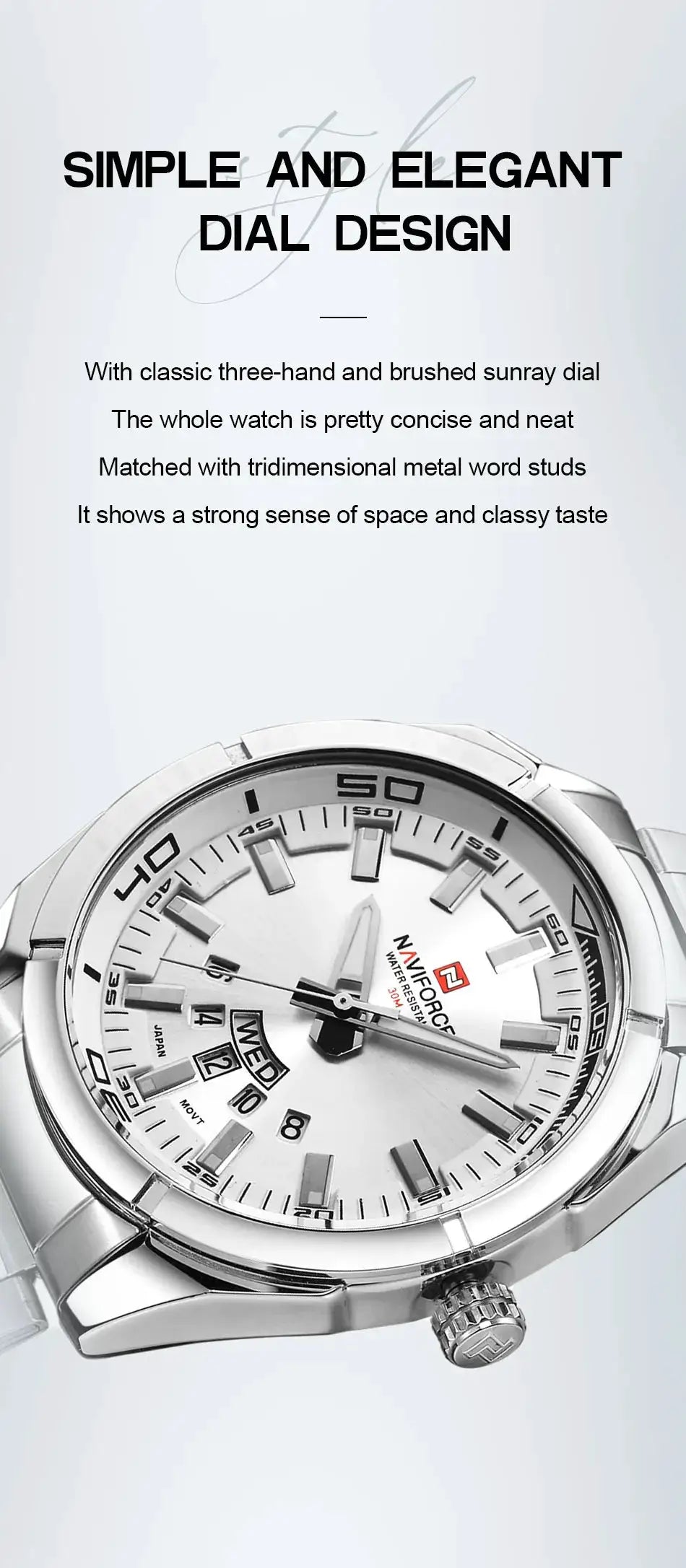 NAVIFORCE men's stainless steel watch with silver dial, date display, metal bracelet.