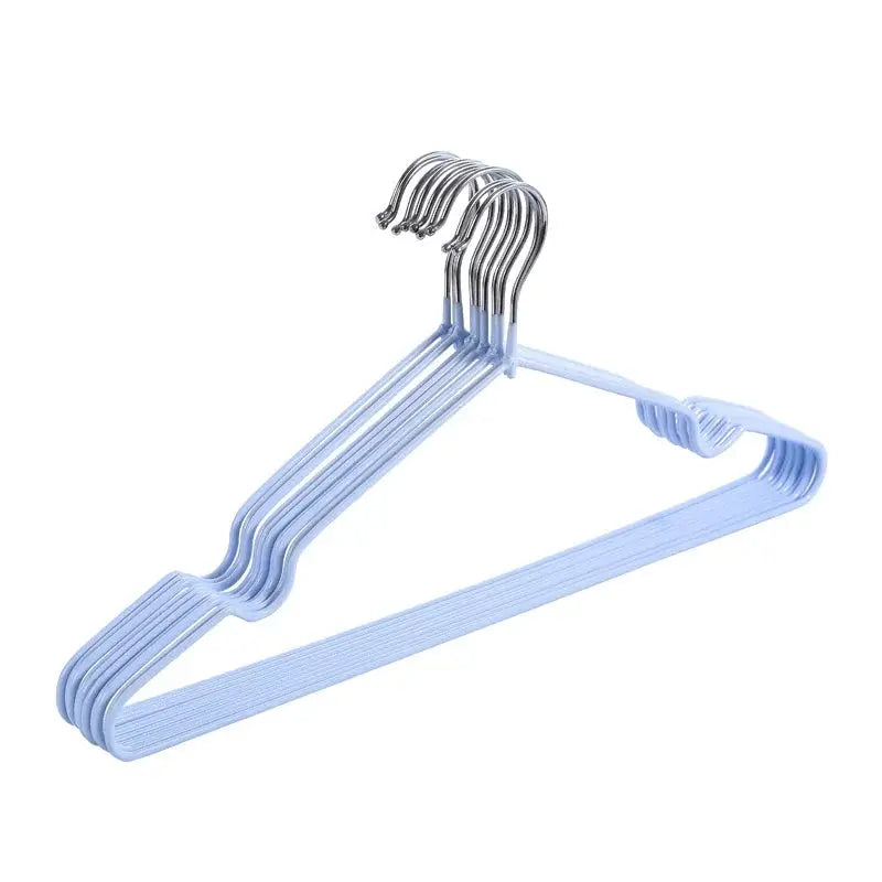 Six blue plastic clothes hangers with metal hooks; space-saving multi-hanger set for wardrobe and bathroom