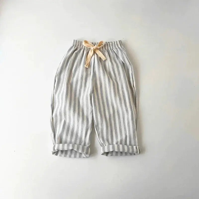 Spring Summer Kids Linen Cotton Striped Loose Pants Lace Up Vintage Casual Clothing For Boys And Girls