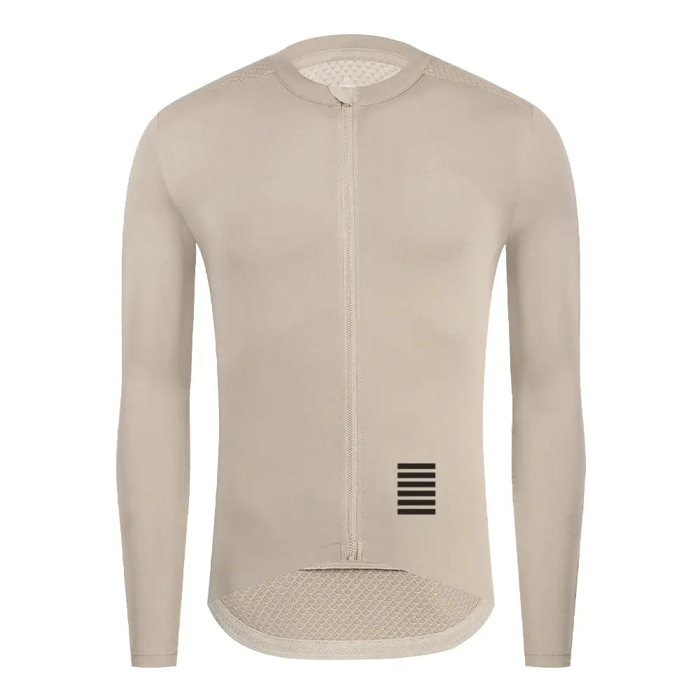 YKYWBIKE men's beige long-sleeve cycling jersey with front zipper and mesh hem, featuring a black barcode graphic.