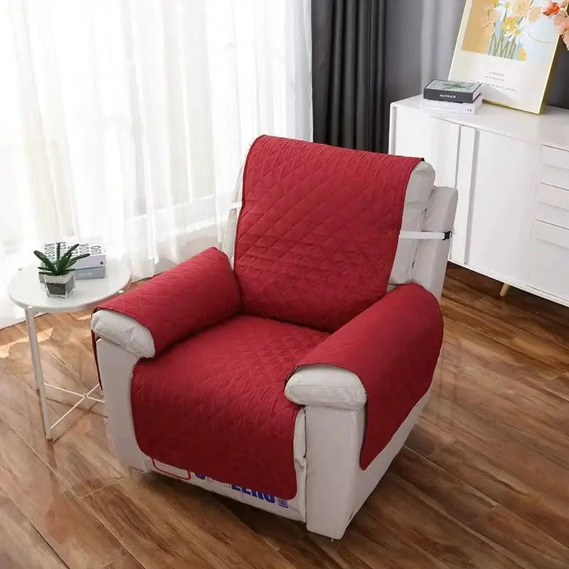 Recliner chair cover in red quilted fabric with arm protectors; anti-slip, pet-friendly slipcover.