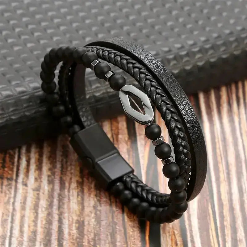 Classic Mens Leather Bracelet Hand Woven Multi Layer Style Fashion Jewelry For Men Durable Casual Accessory