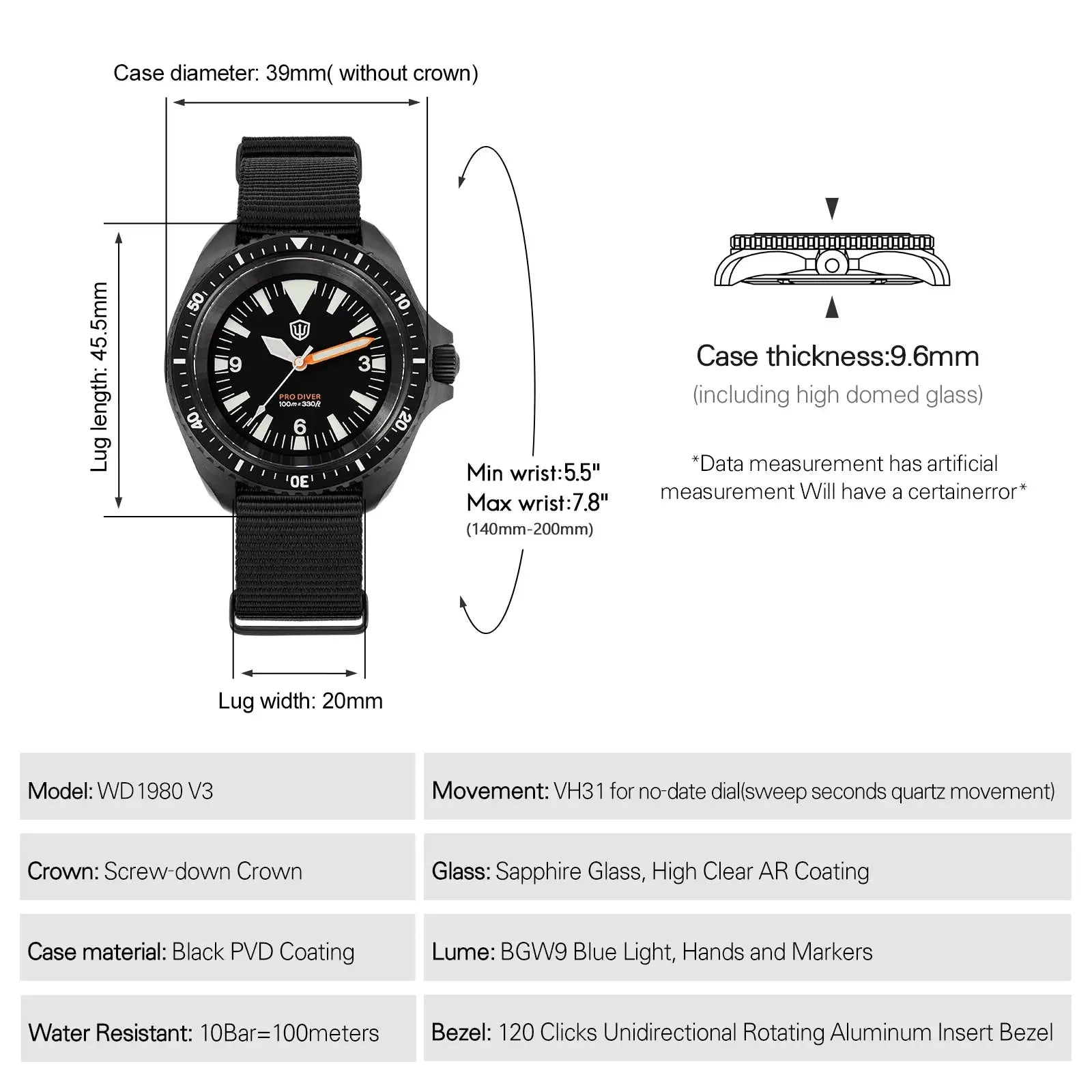 Watch WD1980 V3 by Simples Market, black PVD case with sapphire glass and nylon strap, 10Bar water resistant.