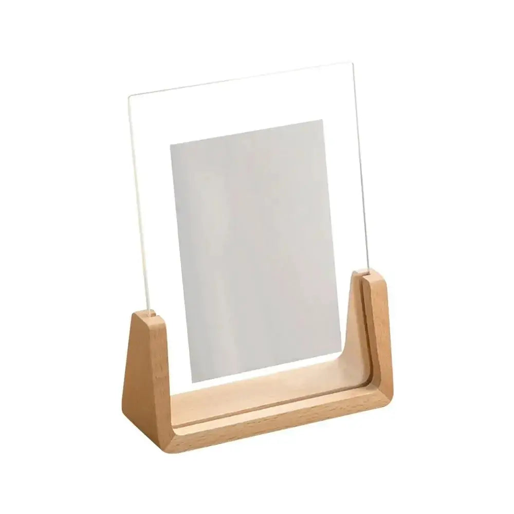 Acrylic U-shaped photo frame on a walnut/beech wooden desktop stand