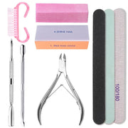Simples Market manicure set with stainless steel nail nipper, cuticle pliers, pink sponge blocks, and assorted nail files and buffers