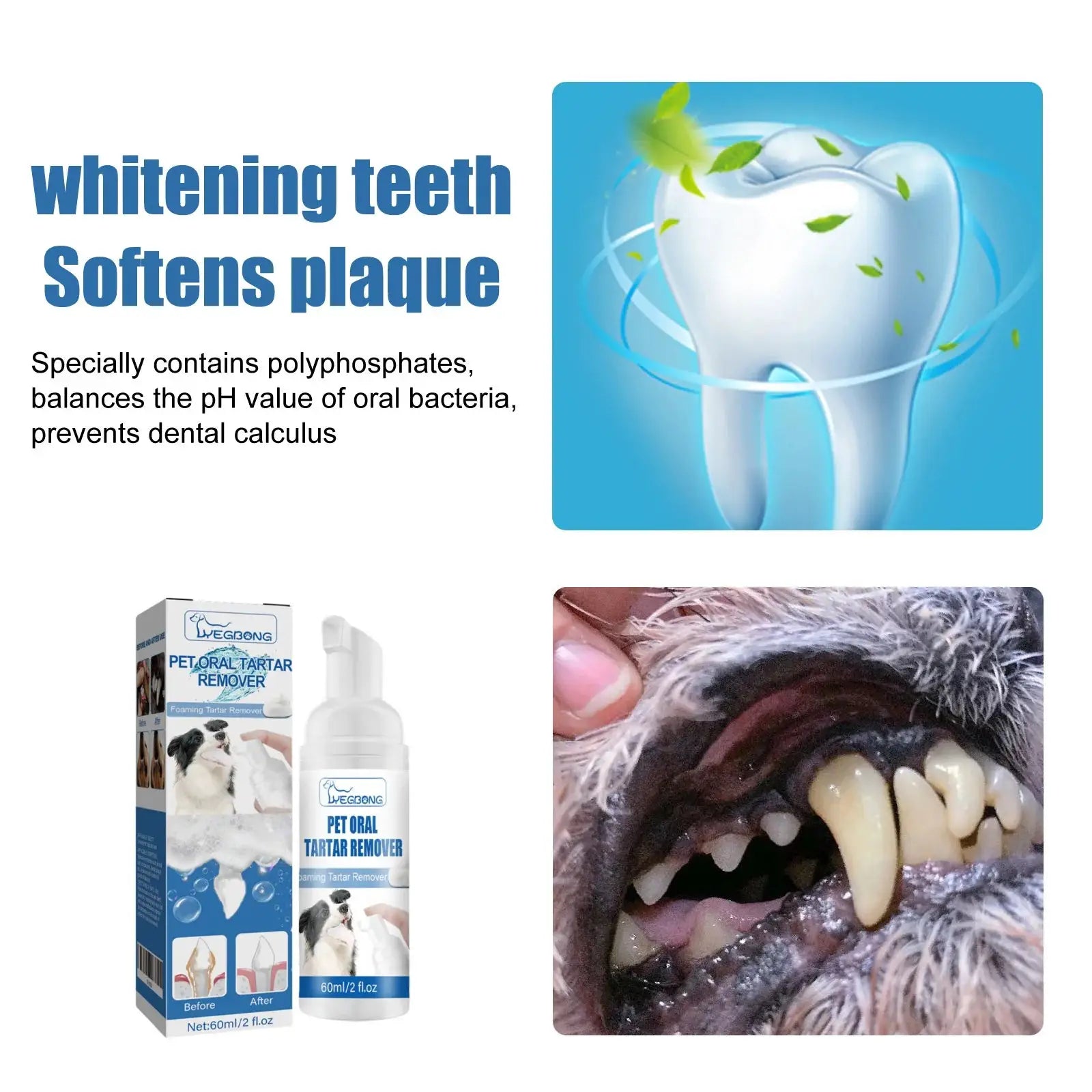Simples Market pet oral tartar remover foam; white bottle with blue label, boxed kit (2 items) with a dog mouth