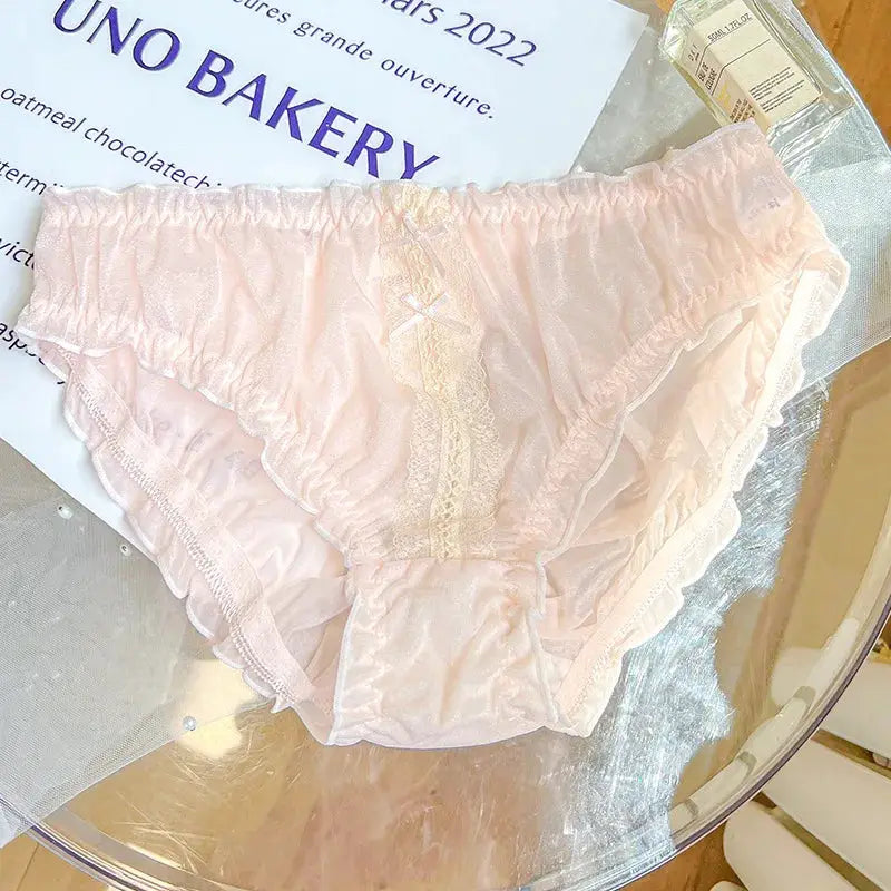 Panties by Simples Market; pink ice silk with lace front panel, bow, and ruffle trim