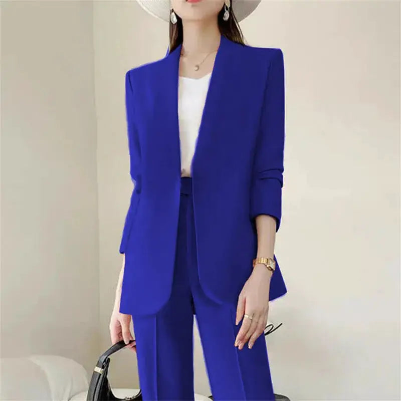 Blue 2-piece women's pantsuit set with blazer and trousers for office wear