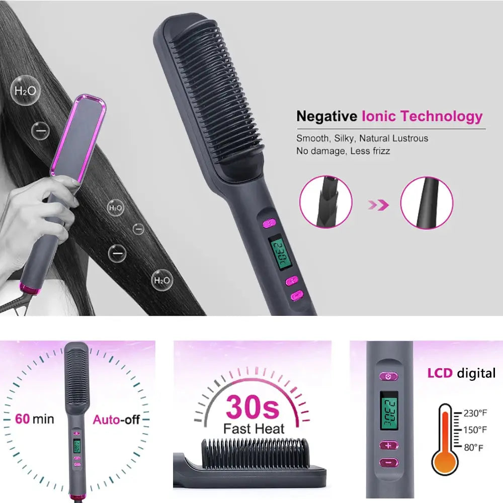 Simples Market electric hot comb with LCD display, purple accents, negative ion technology.